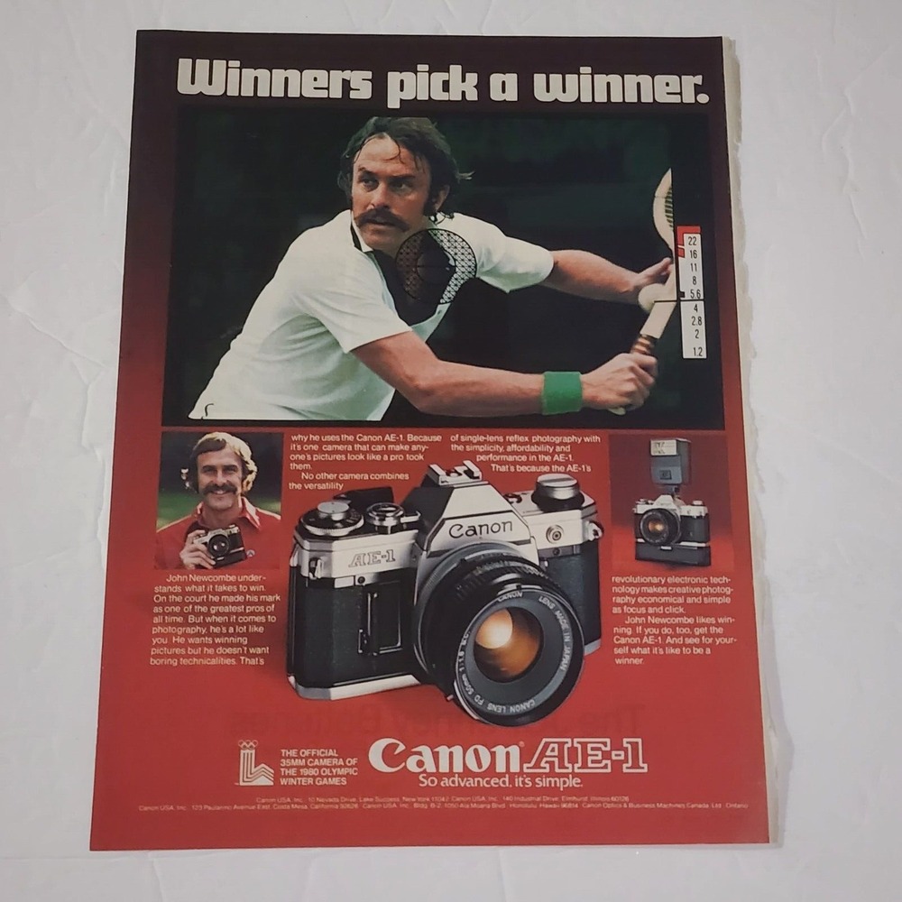 Vintage Print Ad Canon AE-1 camera John Newcombe tennis 1978 clipping